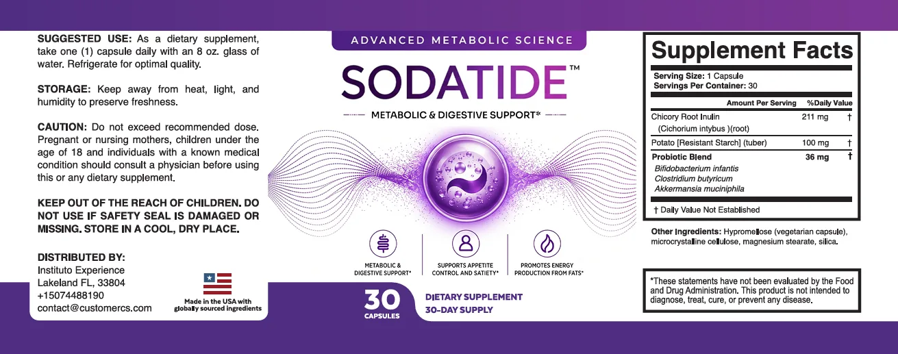 SodaTide Supplement Facts label with directions and warnings